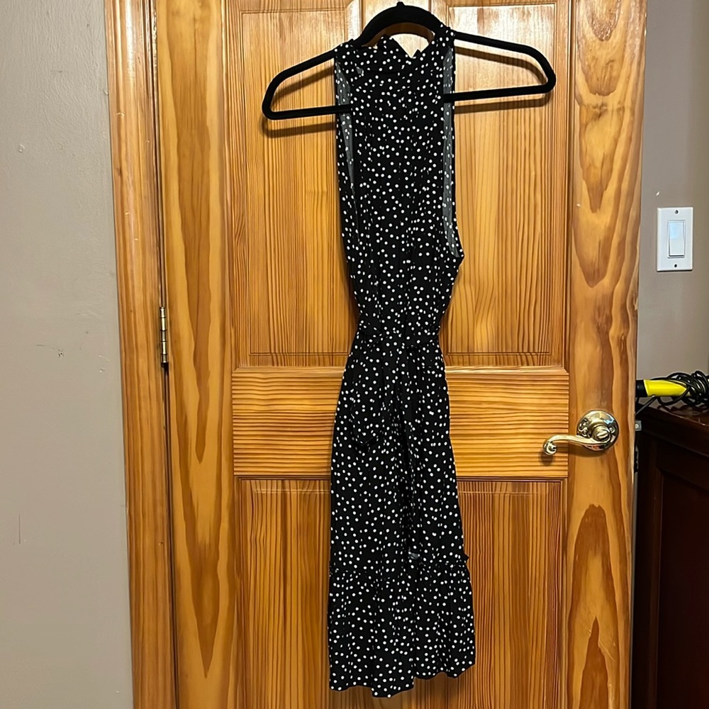 Black and white polka dot high neck dress